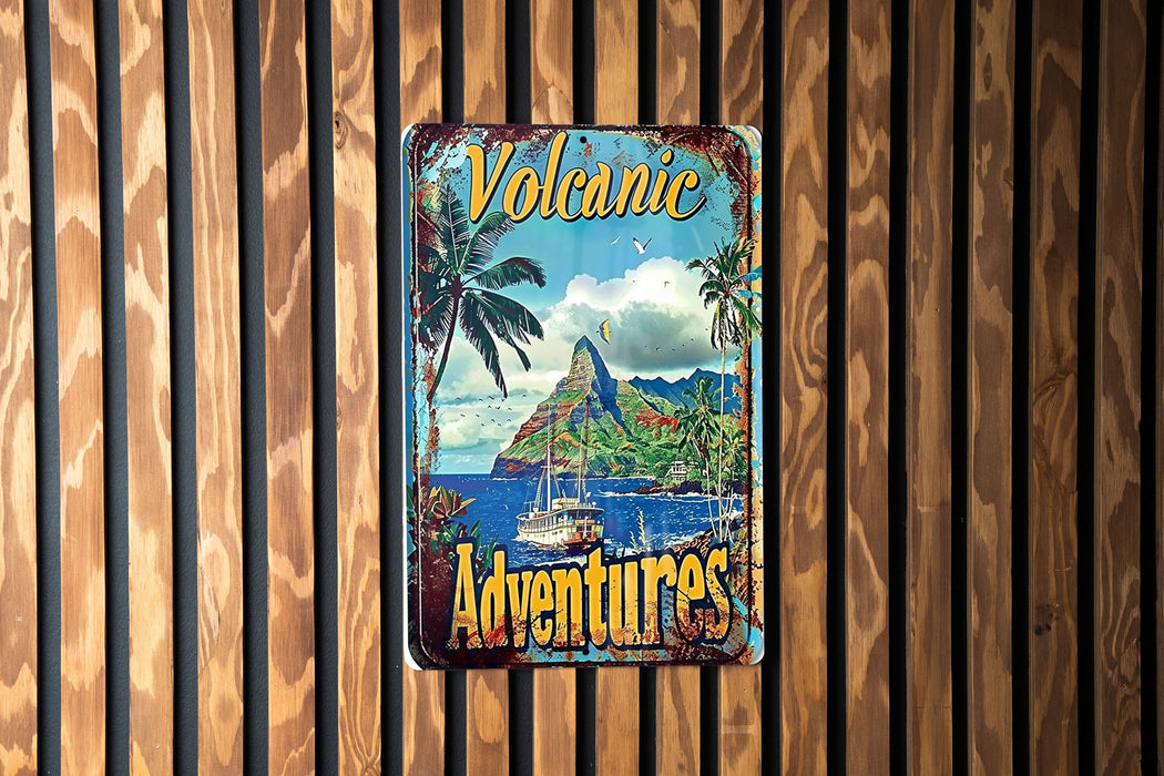 a wooden wall with a sign that says volcano adventures