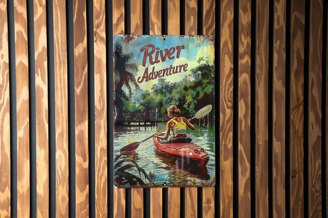 a picture of a person in a kayak on a wooden wall
