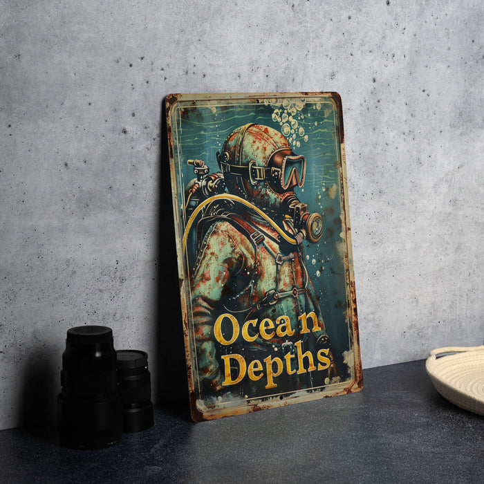 a picture of a man in a diving suit on a metal sign