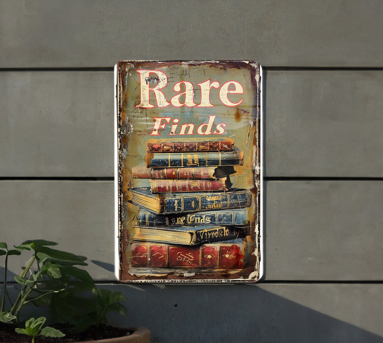 a metal sign that says rare finds on it