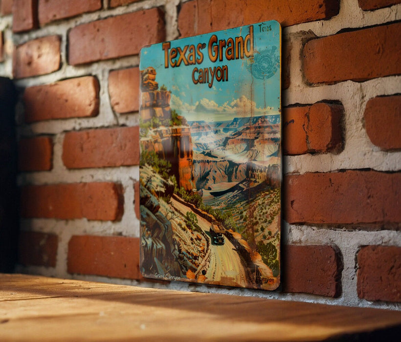 a wooden table sitting next to a brick wall