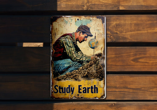 a sign on a wooden wall that says study earth