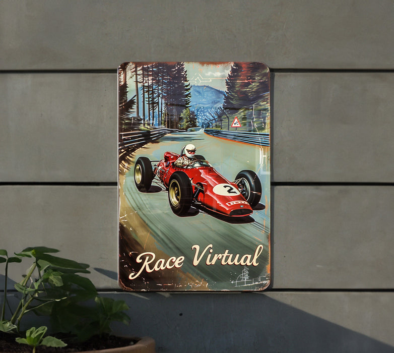 a metal sign depicting a race car driving down a road