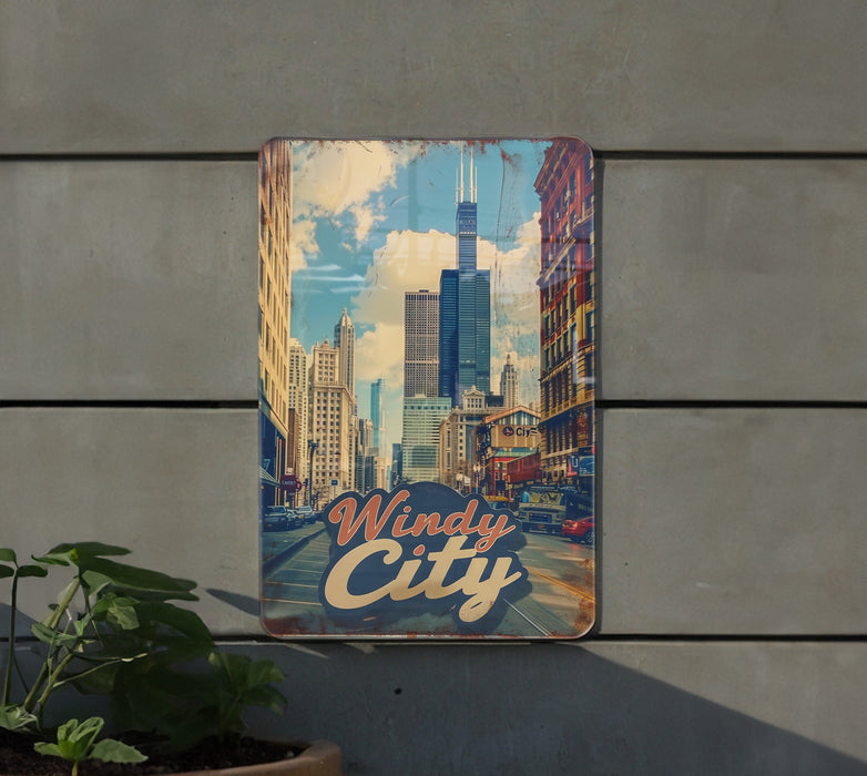 a sign on the side of a building that says windy city