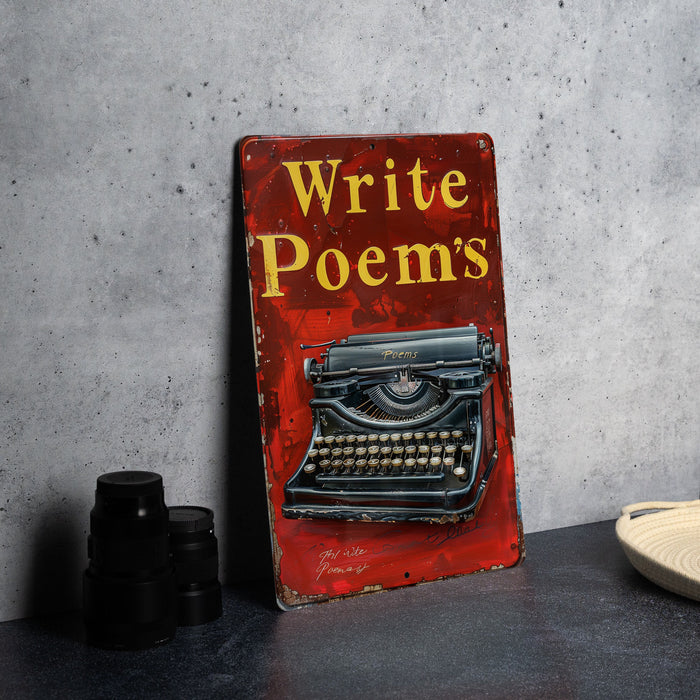 a red sign with a typewriter on it