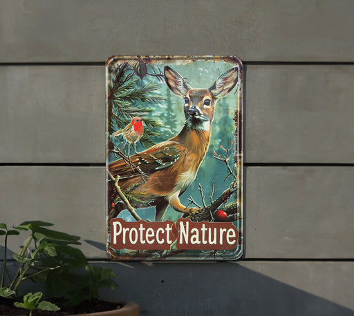 a sign on the side of a building that says protect nature