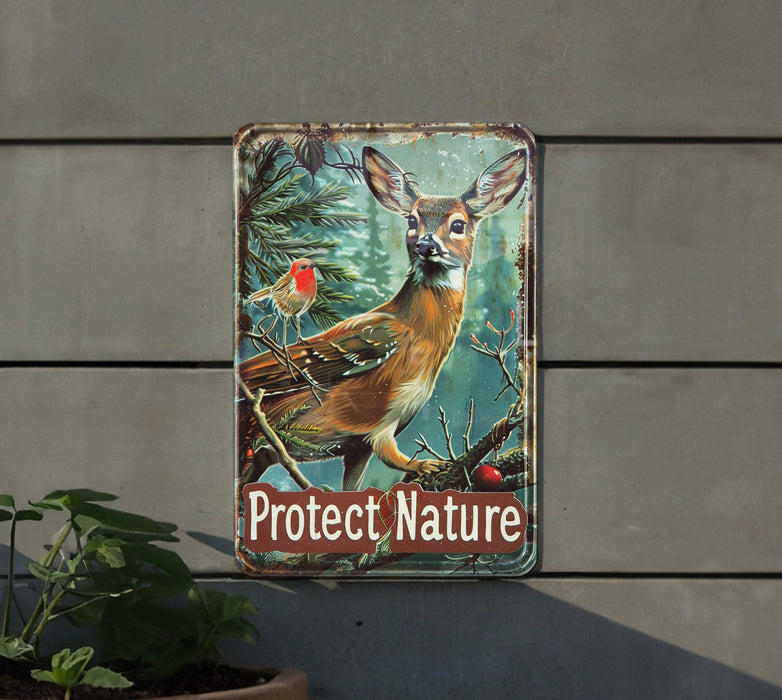 a sign on the side of a building that says protect nature