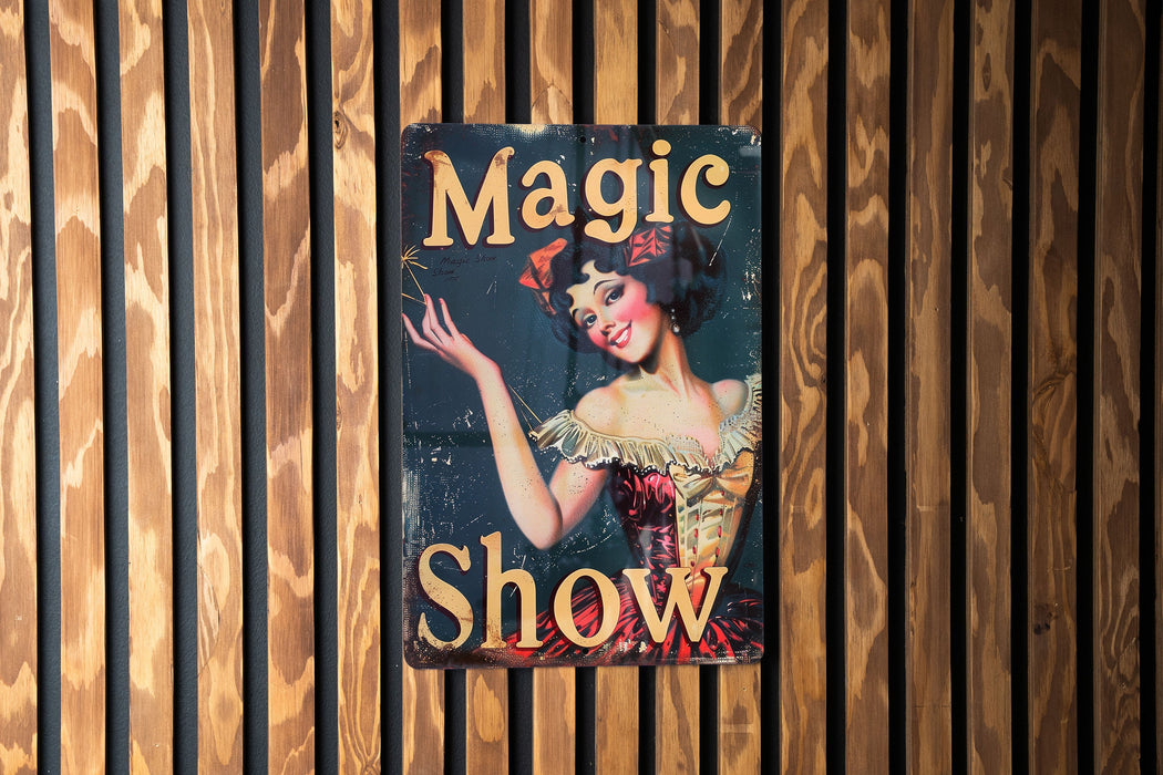 a sign on a wooden wall advertising a show