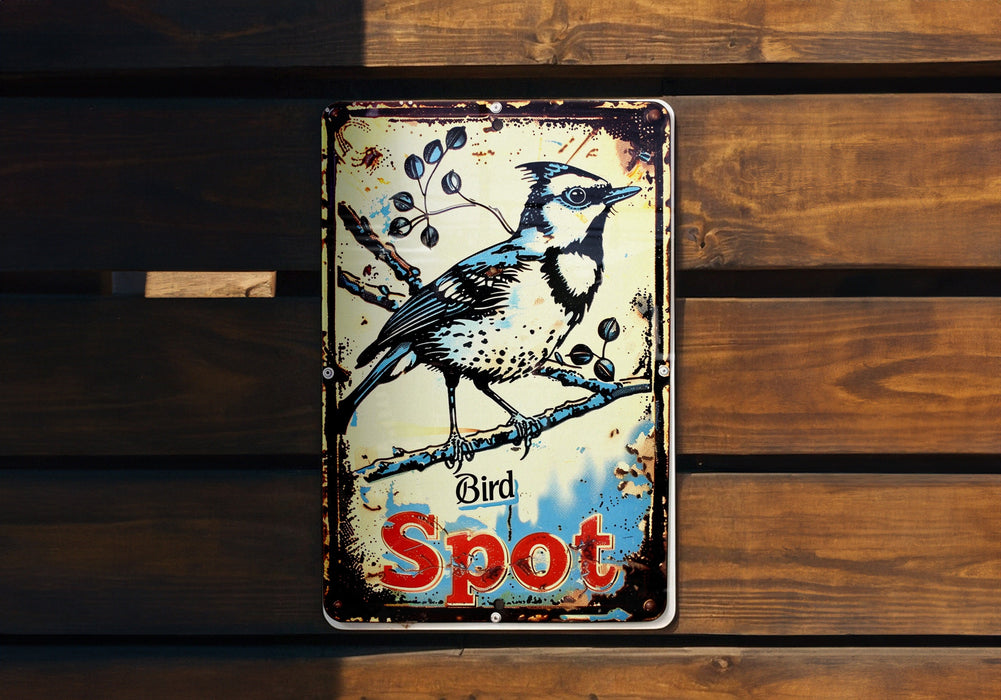 a bird sitting on top of a sign on a wooden wall