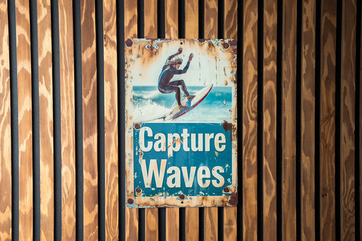 a sign on a wooden wall that says capture waves
