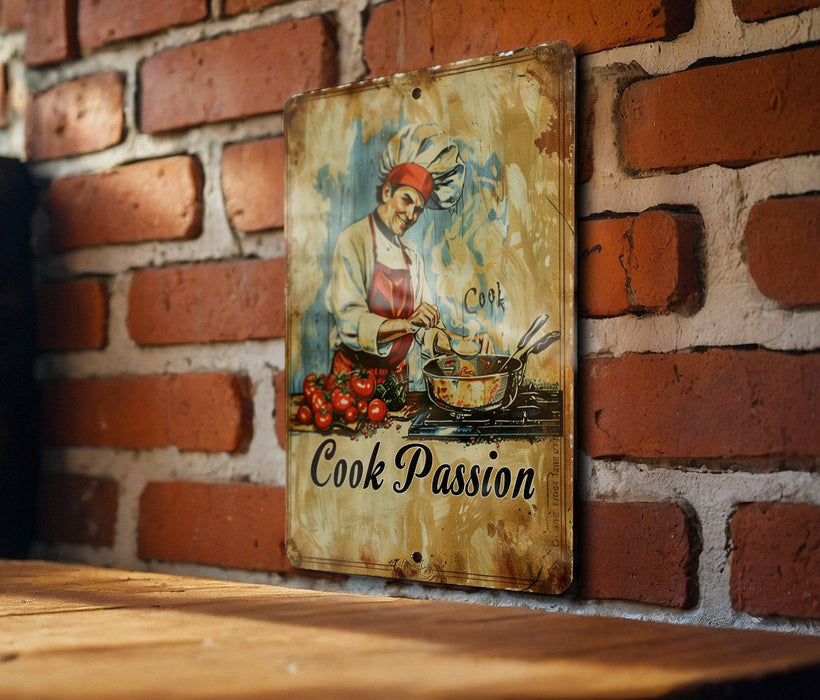 a sign on a brick wall that says cook passion