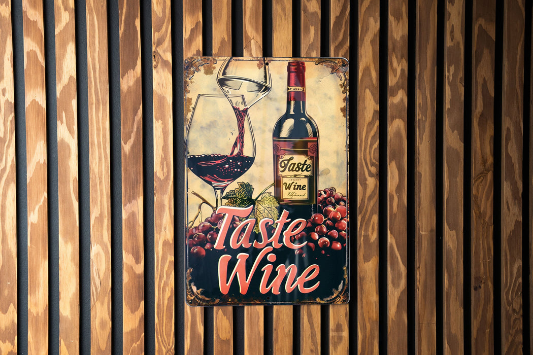 a wine sign hanging on the side of a wooden wall