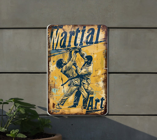 a metal sign with a painting of a baseball player holding a bat