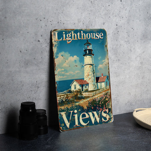 a picture of a lighthouse on a metal sign