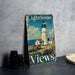 a picture of a lighthouse on a metal sign
