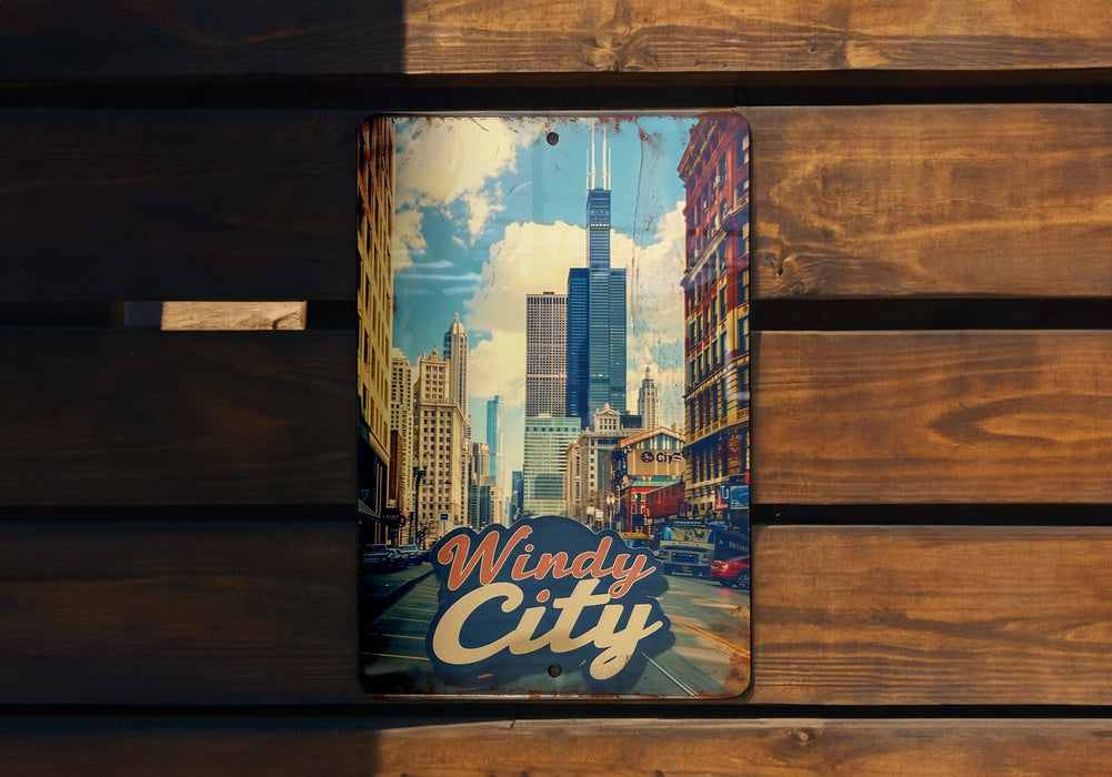 a wooden bench with a sign that says windy city on it