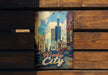 a wooden bench with a sign that says windy city on it