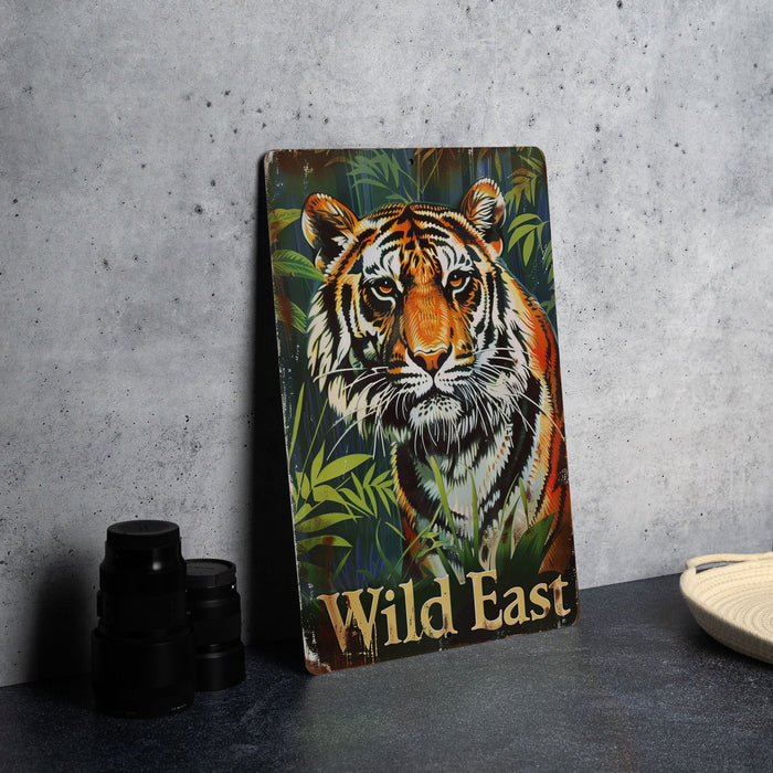 a picture of a tiger on a wooden sign