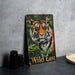 a picture of a tiger on a wooden sign