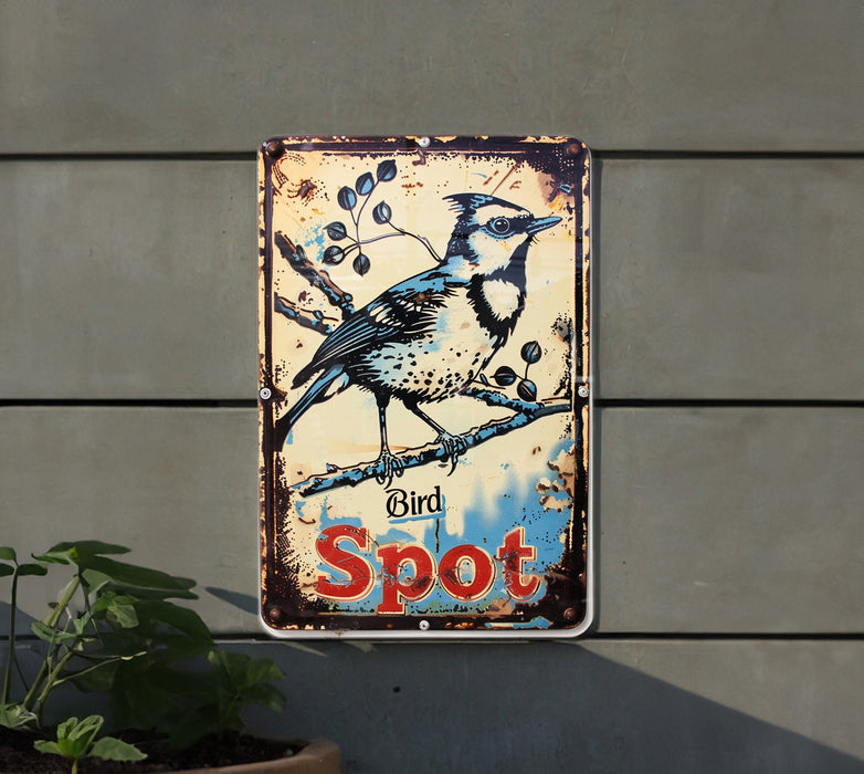 a metal sign with a bird sitting on a branch