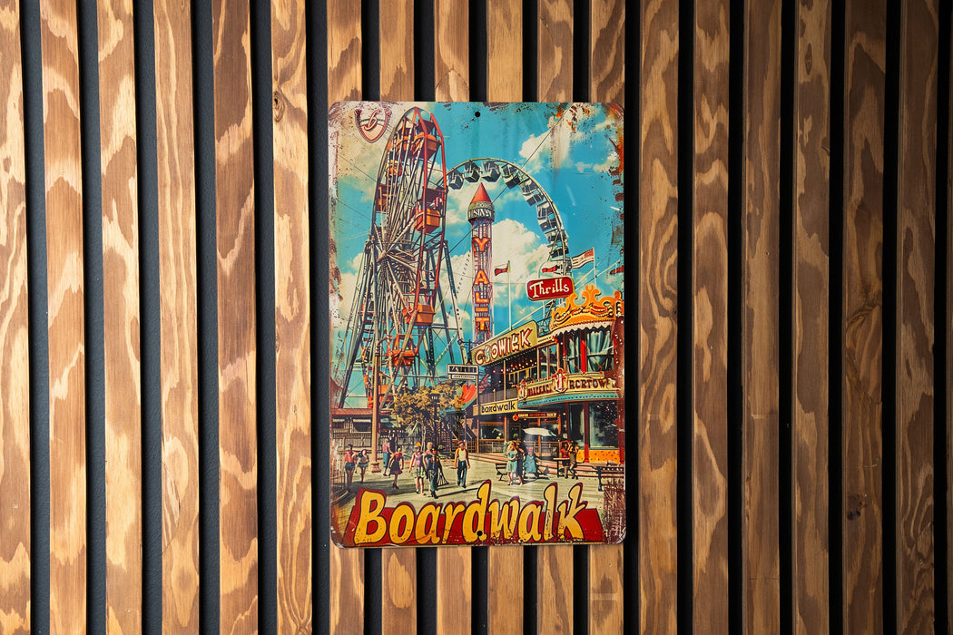 a painting of a ferris wheel on a wooden wall