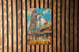 a painting of a ferris wheel on a wooden wall
