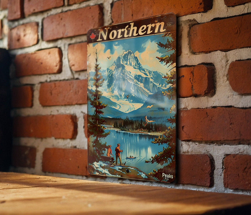 a wooden table topped with a poster on a brick wall
