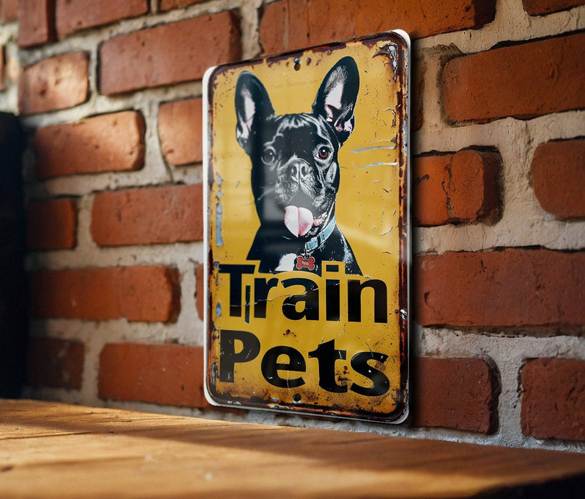 a sign on a brick wall that says train pets