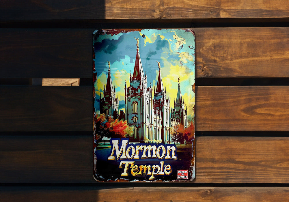 a sign on a wooden bench that says mormon temple