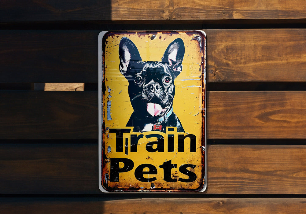 a sign that says train pets with a picture of a dog