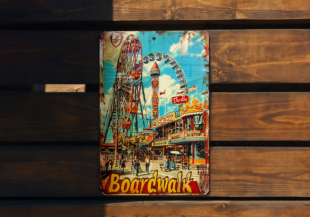 a wooden bench with a painting of a ferris wheel