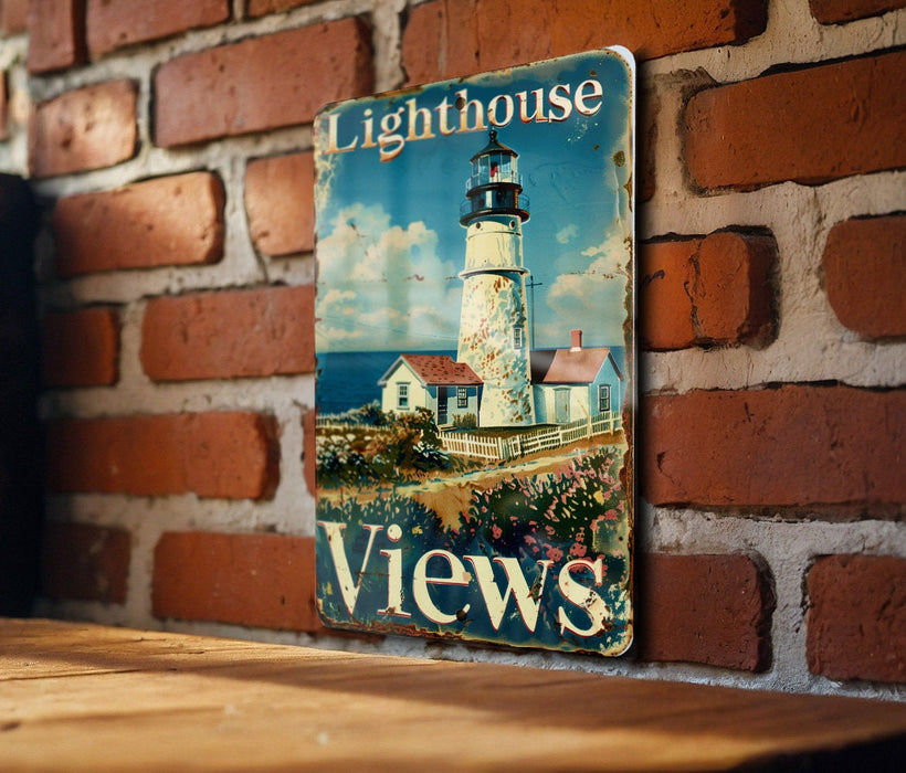 a picture of a lighthouse on a sign on a brick wall