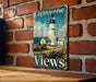 a picture of a lighthouse on a sign on a brick wall