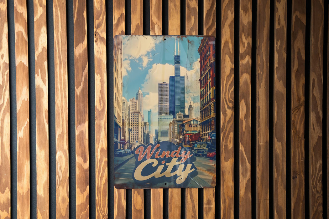 a sign on a wooden wall that says windy city