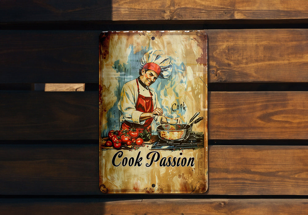 a cook passion sign hanging on a wooden wall