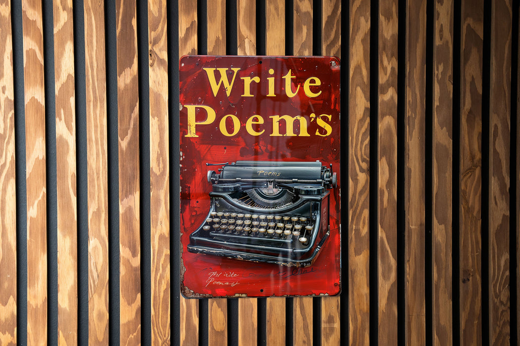 a red sign with a typewriter on it