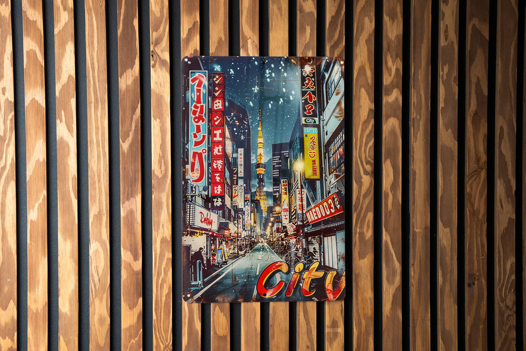 a picture of a city on a wooden wall