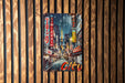 a picture of a city on a wooden wall