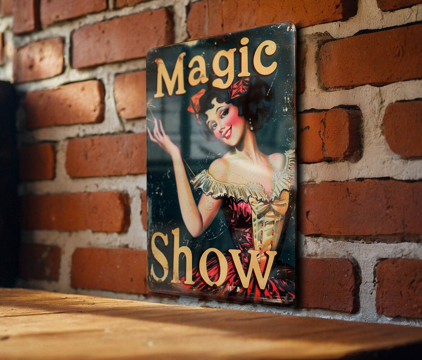a sign on a brick wall advertising a show