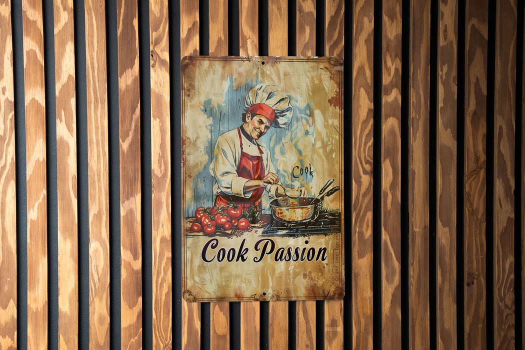 a painting of a cook is hanging on a wall