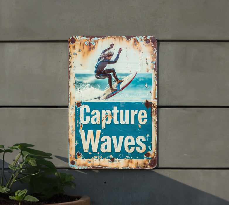 a rusted sign on the side of a building that says capture waves