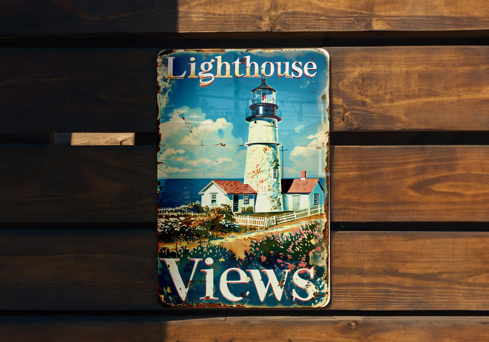 a light house sign on a wooden bench