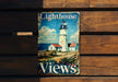 a light house sign on a wooden bench