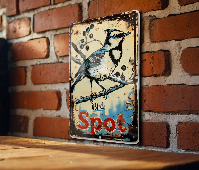a bird sits on a sign on a brick wall