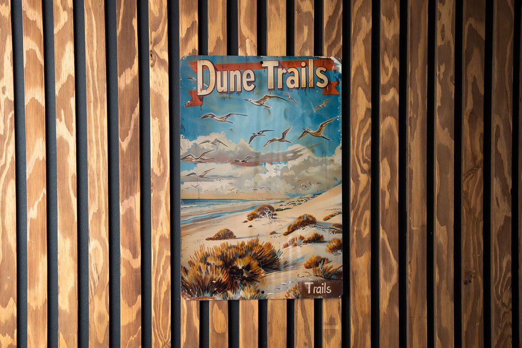 a poster of dune trails hangs on a wooden wall