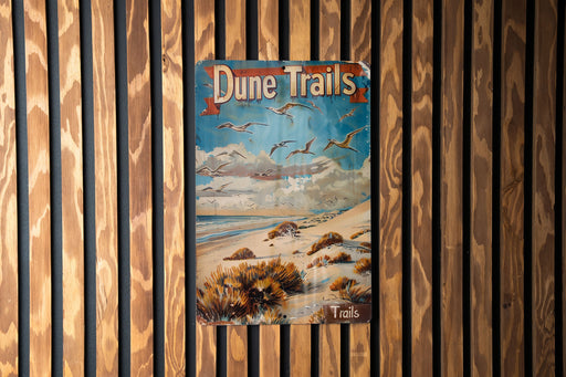 a poster of dune trails hangs on a wooden wall