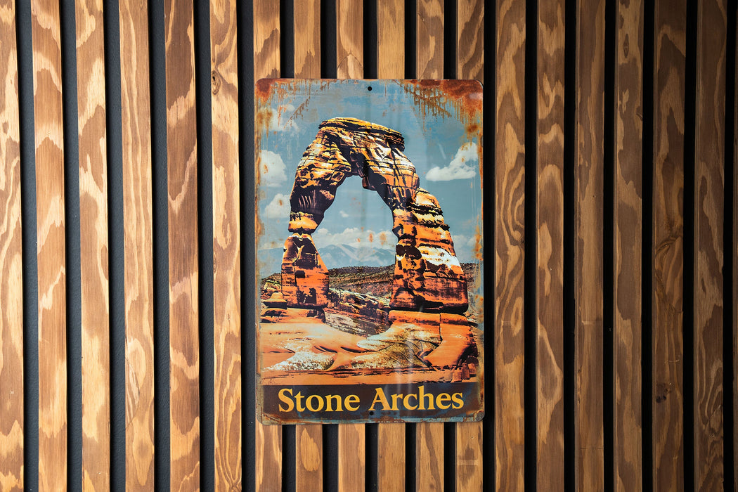 a picture of a stone arch on a wooden wall