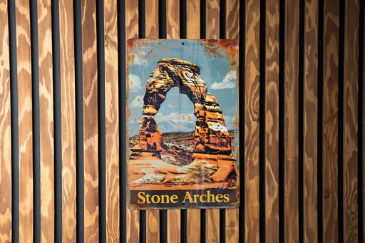 a picture of a stone arch on a wooden wall