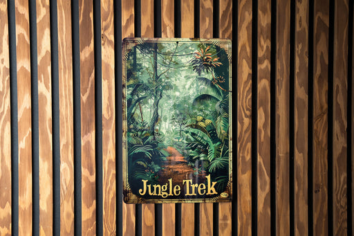 a jungle trek poster hanging on a wooden wall