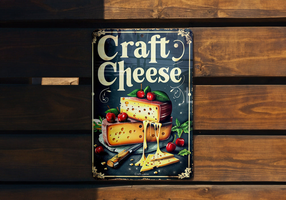 a sign on a wooden bench that says craft cheese